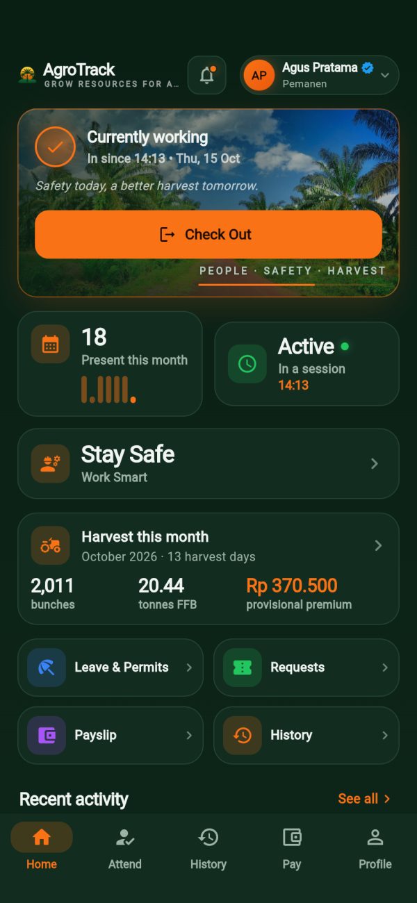 AgroTrack harvester app home screen with this month’s bunches, tonnes of FFB and provisional premium