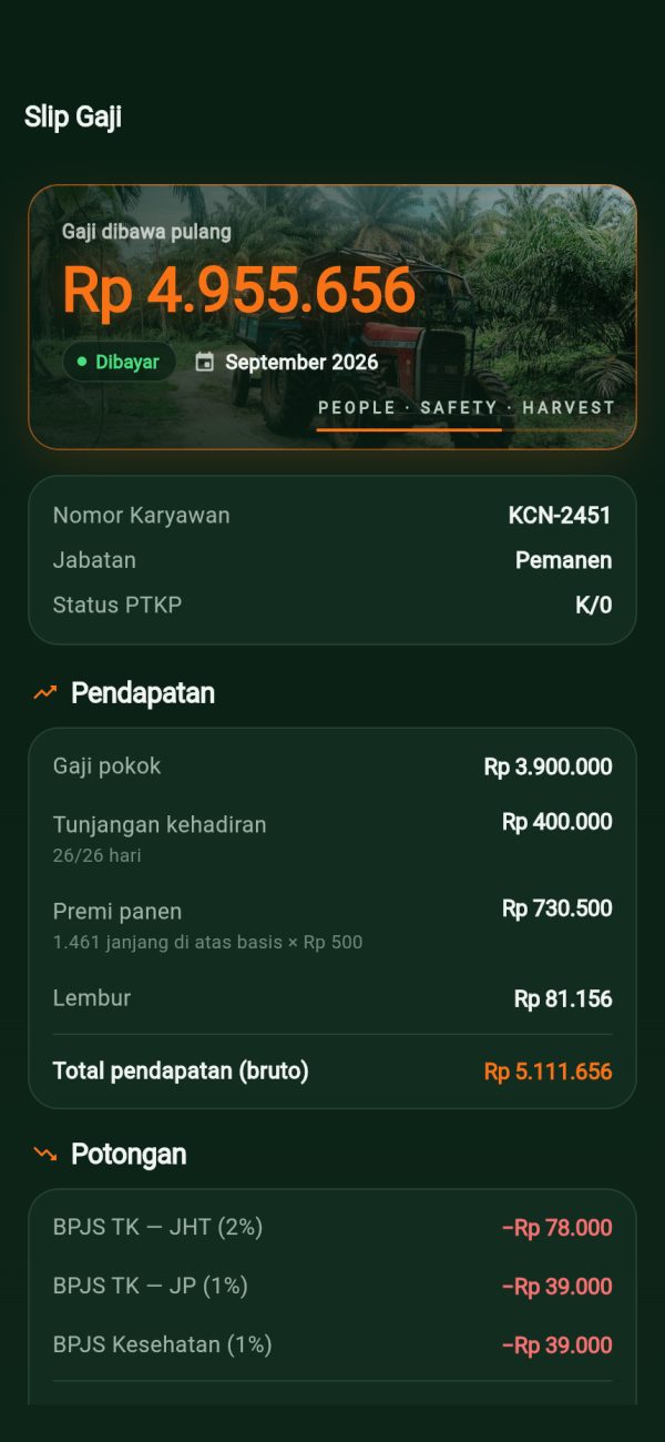 Slip gaji AgroTrack dengan baris premi panen dan potongan