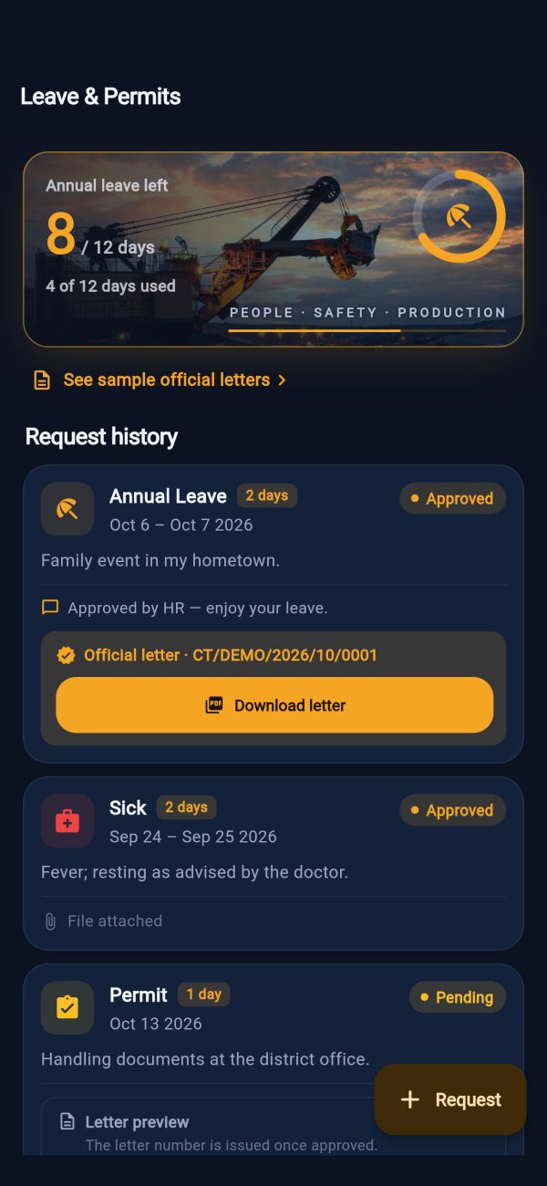 CoalTrack leave and permits screen with balance and official letter numbers