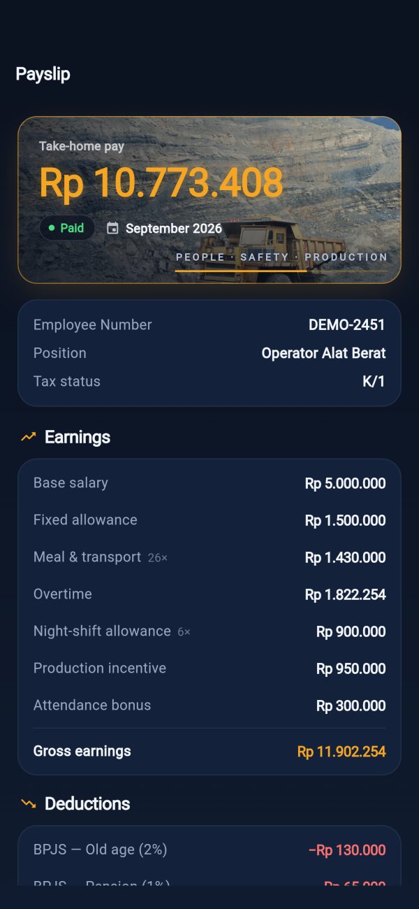 CoalTrack payslip with take-home pay and the full earnings breakdown