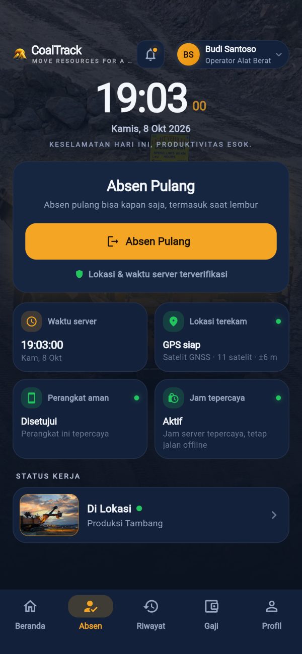 Layar absen pulang CoalTrack dengan jam server, lokasi terverifikasi, dan perangkat disetujui