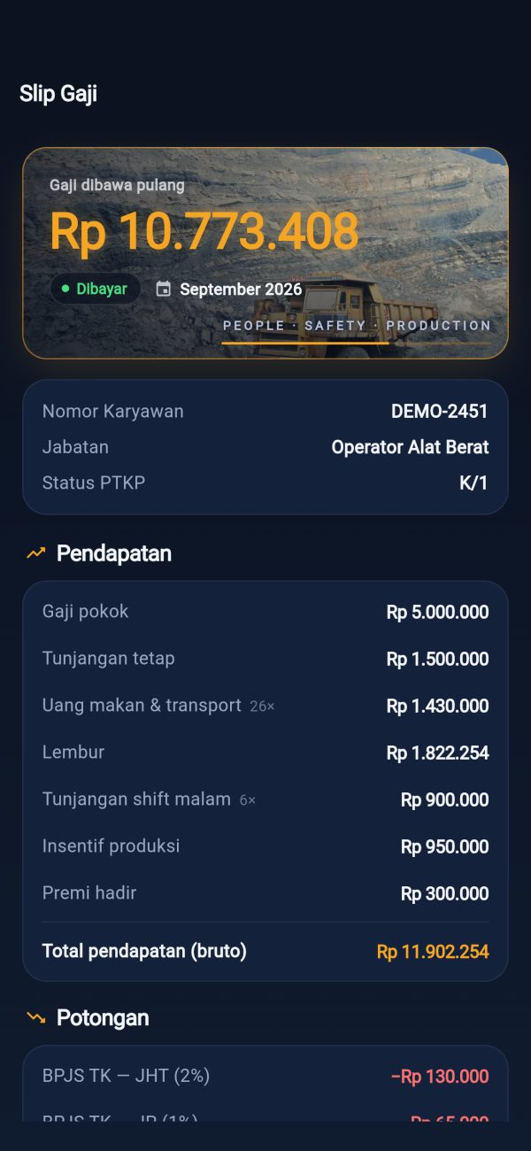 Slip gaji CoalTrack dengan gaji bersih dan rincian pendapatan